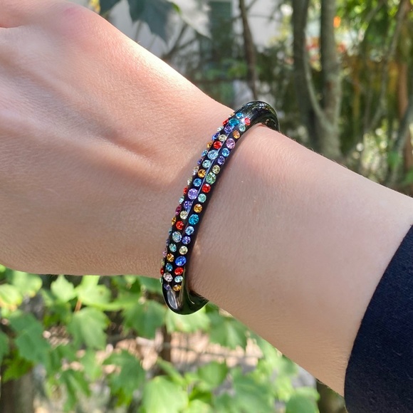 Black Acrylic Cuff Bracelet For Women With Mixed Swarovski Crystals by Lara Glam - Picture 4 of 13